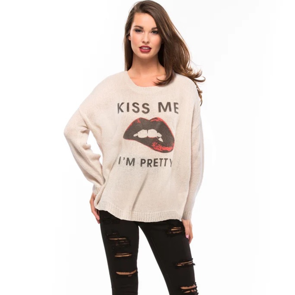 The Laundry Room Cream Sweater with Red Lips Graphic